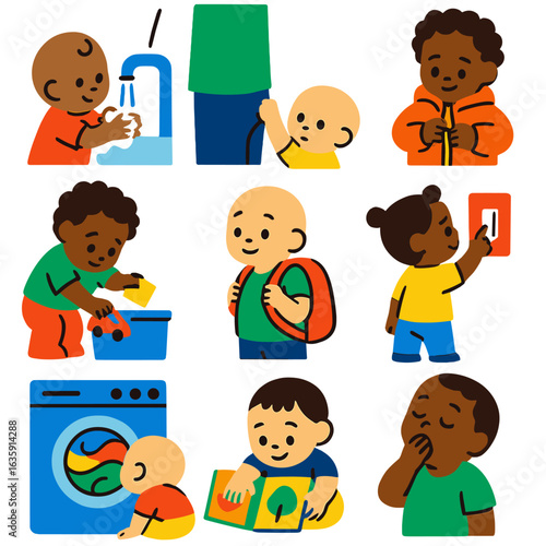 Baby Milestones Icons. Flat vector icons of parenting and baby milestones: baby learning to wash hands, baby pulling on parent’s