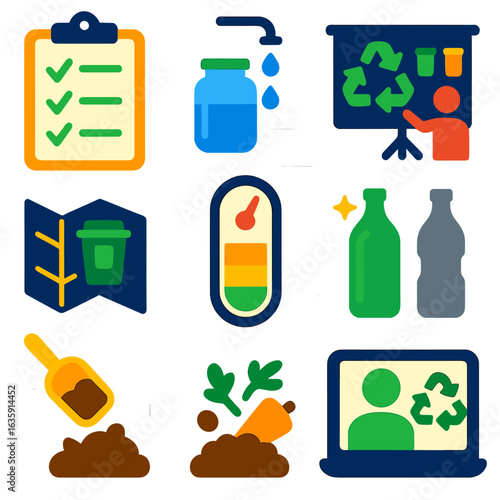 Waste Sorting Icons. Flat vector icons of waste sorting and recycling systems: waste audit clipboard, glass jar rinse step,