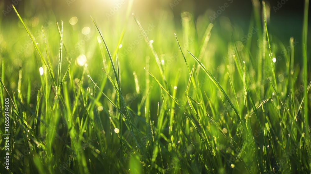 Obraz premium Peaceful sunrise over an open green meadow with dewdrops sparkling in soft light