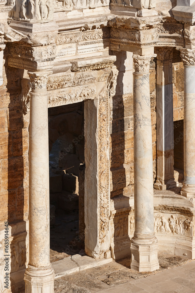 Fototapeta premium Amphitheatre classic columns in Hierapolis archeology landmark. Pamukkale, Turkey