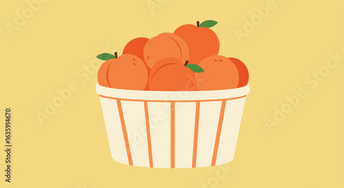 Orange fruits with green leaves in a striped container on a light yellow background