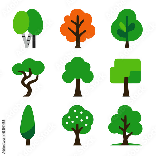 Vibrant Tree Icons. Flat vector icons of deciduous trees: grouped birch with diagonal trunks, orange ash with strong shape,