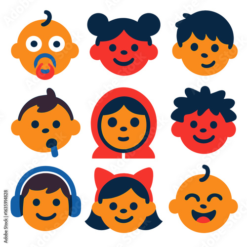 Vibrant Kids Icons. Flat vector icons of children faces: baby with pacifier and surprised eyes, girl with twin buns and happy