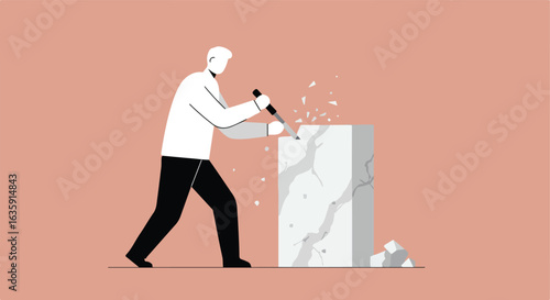 Sculptor carving marble block with chisel and hammer. Chips and dust flying