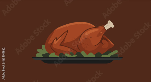 Roasted turkey, garnish on a black tray, against a brown background illustration