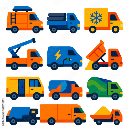 Modern Vehicle Icons. Flat vector icons of van, truck and lorry: van with rear ladder and roof box, flatbed truck carrying pipes,