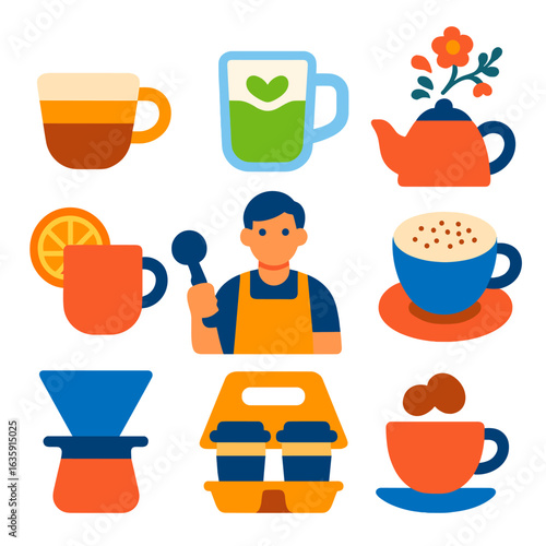 Colorful Coffee Icons. Flat vector icons of coffee and hot beverages: creamy macchiato in short cup, matcha latte in glass mug,