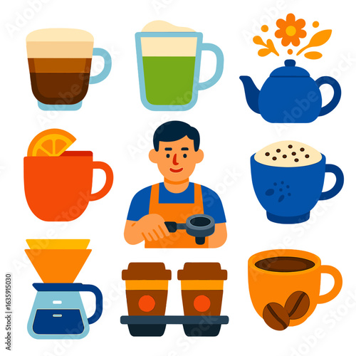 Colorful Coffee Icons. Flat vector icons of coffee and hot beverages: creamy macchiato in short cup, matcha latte in glass mug,