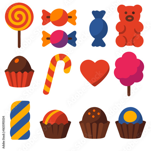 Colorful Sweet Icons. Flat vector icons of candy and sweet treats: spiral lollipops with swirl patterns, wrapped hard candies,