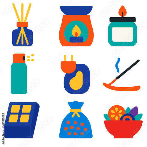 Home Fragrance Icons. Flat vector icons of home fragrance and air freshening: reed diffuser with glass bottle, essential oil