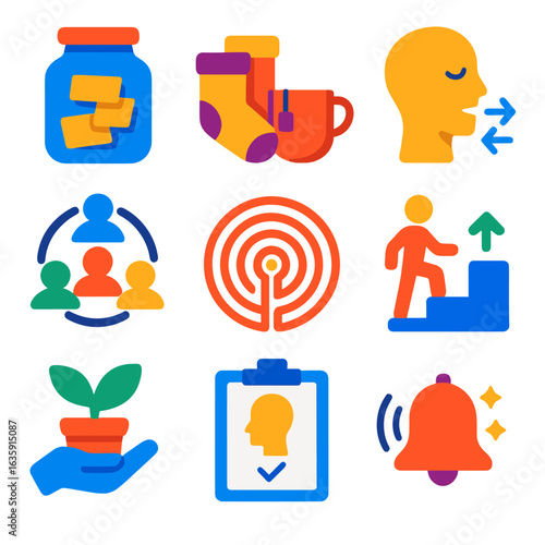 Mental Health Icons. Flat vector icons of mental health and self-care habits: gratitude jar, cozy socks and tea, breathing in and