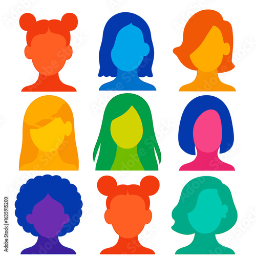 Vibrant Women Hairstyles. Flat vector icons of women hairstyles: twisted twin buns, wet look lob, deep side part with volume.