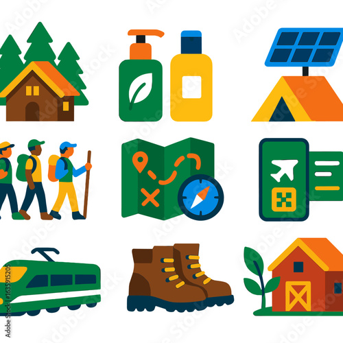 Sustainable Travel Icons. Flat vector icons of sustainable travel and eco tourism: eco lodge in forest, refillable toiletry
