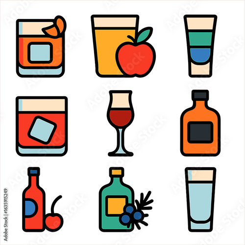 Colorful Drink Icons. Flat vector icons of alcohol drink: old fashioned with orange peel, cider glass with apple, layered shot