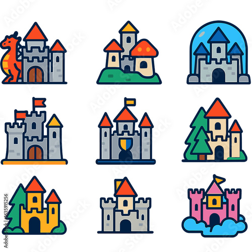 Vector Castle Icons. Flat vector icons of castles cartoon: cartoon dragon-guarded castle, tiny hilltop stronghold, mushroom-shaped