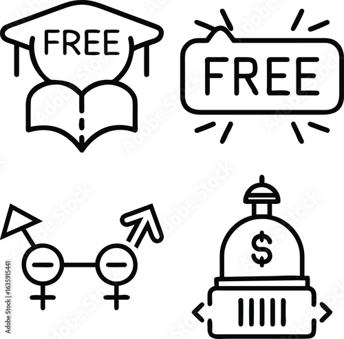 A set of four line art icons depicting graduation cap with book, a free sign, gender symbols, and a building with a dollar sign.