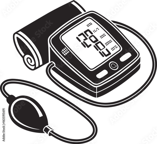 Blood pressure monitor icon, digital display, bold black color
