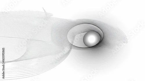 Abstract grayscale artwork depicting a sphere within a swirling, tunnel-like structure, creating a sense of depth and movement.