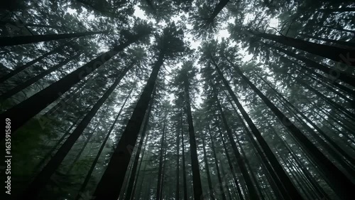 Enigmatic Forest: A Misty Upward Gaze into a Towering Canopy