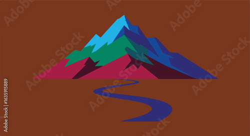 Colorful layered mountain and river against a solid brown background art illustration