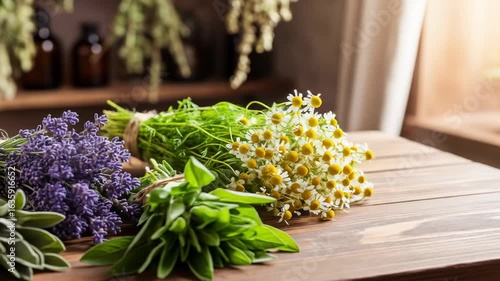 Aromatic Herbs and Flowers on Rustic Wooden Table