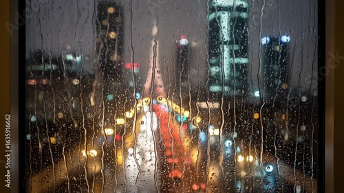 Rainy Night Cityscape Viewed Through a Window