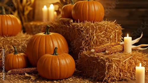 Autumnal Harvest Still Life: Pumpkins, Corn, and Hay