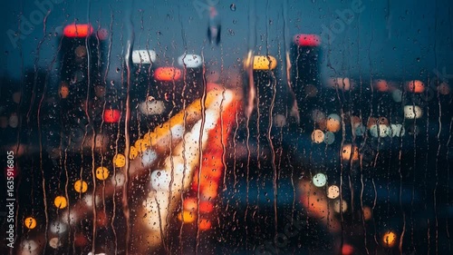 Rainy Cityscape at Night, Viewed Through a Window