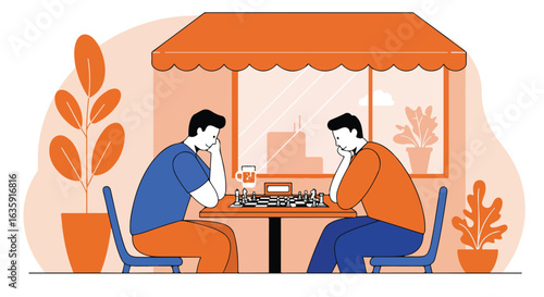 Men sitting at table, playing chess, plants, city view, beverage, casual