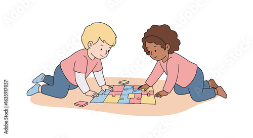 Two children concentrate on completing a jigsaw puzzle with colorful puzzle pieces