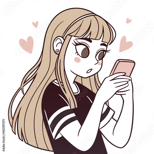 Surprised girl with blonde hair looking at phone with pink hearts and striped shirt young woman female