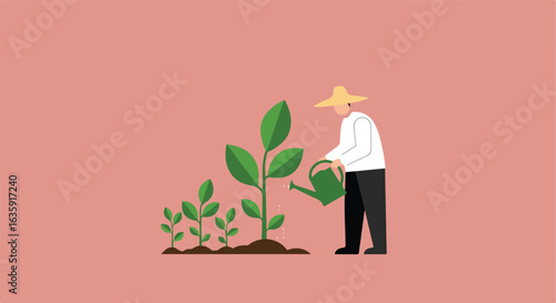 Farmer waters plant growth stages on brown soil with salmon background