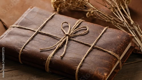 Rustic Leather-Bound Book,  Wrapped in Twine, Dried Flowers