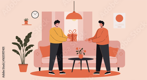 Gift Exchange. Two men exchanging a gift indoors with furniture and plants