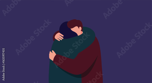 Embracing figures against a dark violet backdrop, showing affection and comfort