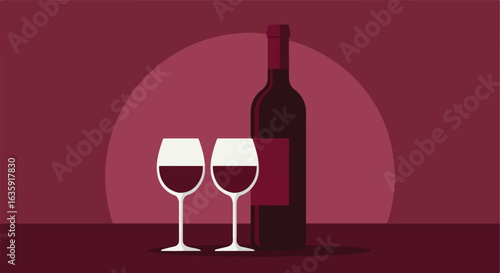 Wine Bottle and two glasses filled with dark liquid on a muted red backdrop