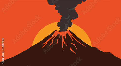 Orange sky and erupting volcano with dark smoke. Volcanic landscape illustration