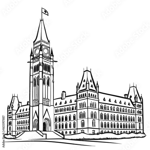 Hand-Drawn Canadian Parliament Illustration, Detailed Ottawa Landmark Line Art with Transparent Background. Perfect for: Canada Day, Ottawa tourism