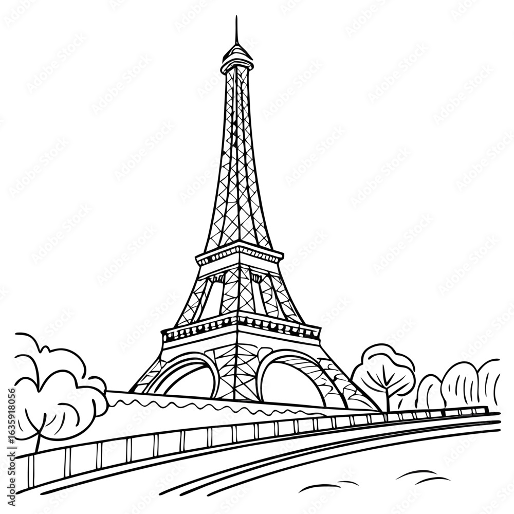 Fototapeta premium Hand-Drawn Eiffel Tower Illustration, Detailed Paris Landmark Line Art with Transparent Background. Perfect for: Bastille Day, Valentine’s Day, Paris travel