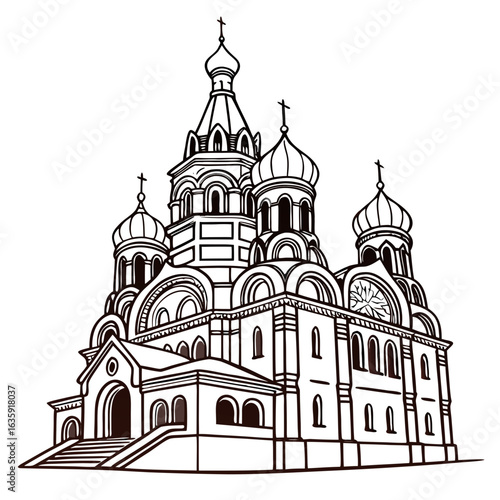 Hand-Drawn Church of the Savior on Blood Illustration, Detailed Russian Landmark Line Art with Transparent Background. Perfect for: Easter, Saint Petersburg tourism