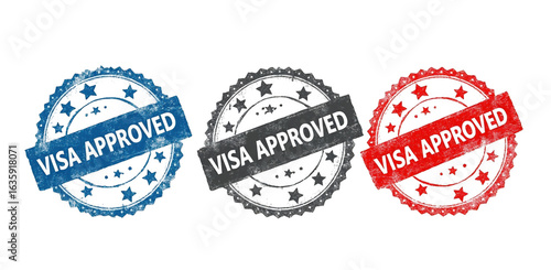 Visa Approved Stamps in Blue, Grey, and Red with Grungy Texture on Transparent Background