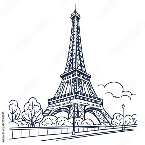 Hand-Drawn Eiffel Tower Illustration, Detailed Paris Landmark Line Art with Transparent Background. Perfect for: Bastille Day, Valentine’s Day, Paris travel