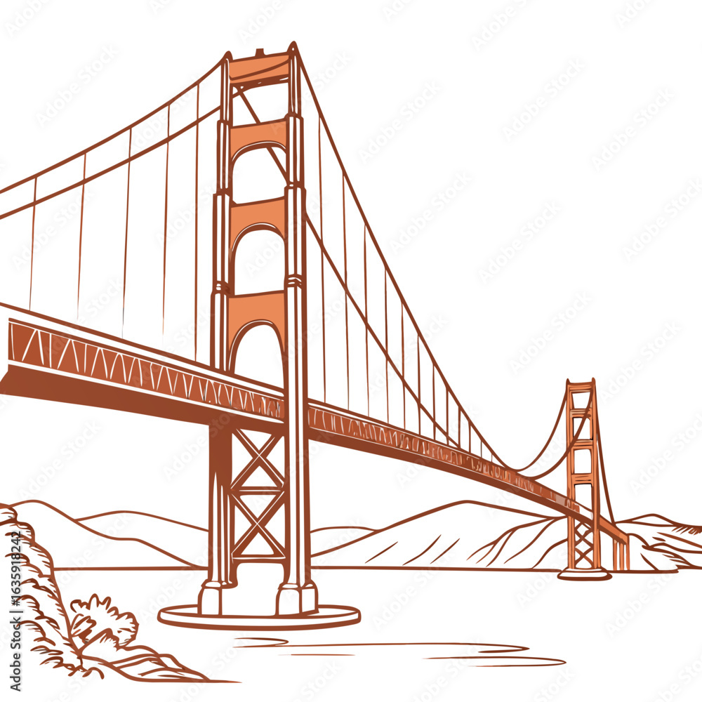 Fototapeta premium Hand-Drawn Golden Gate Bridge Illustration, Detailed San Francisco Landmark Line Art with Transparent Background. Perfect for: Independence Day, San Francisco travel