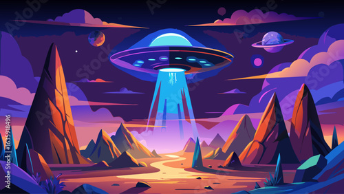 
very beautiful 
UFO landing on alien planet, illuminating rays, starry night, mysterious atmosphere