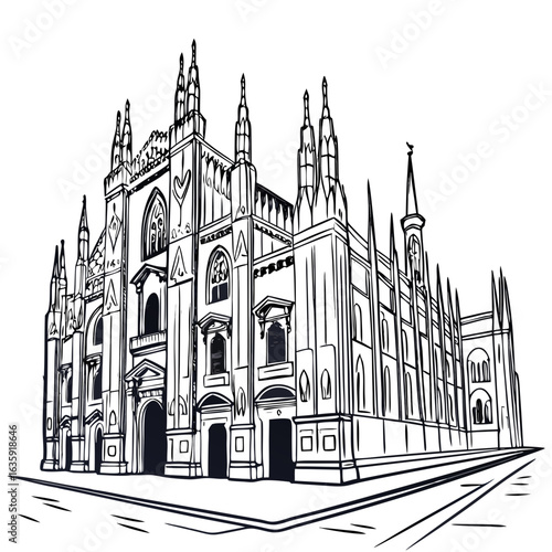 Hand-Drawn Milan Cathedral Illustration, Detailed Italian Landmark Line Art with Transparent Background. Perfect for: Christmas, Milan tourism