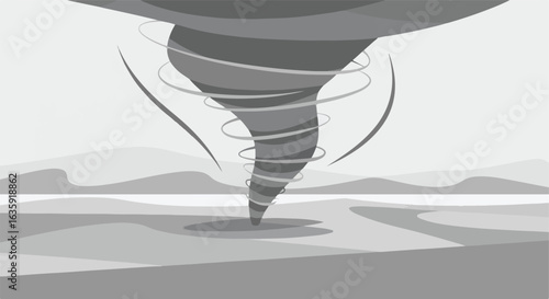 Cyclone formation over land, in shades of gray, minimalist vector art