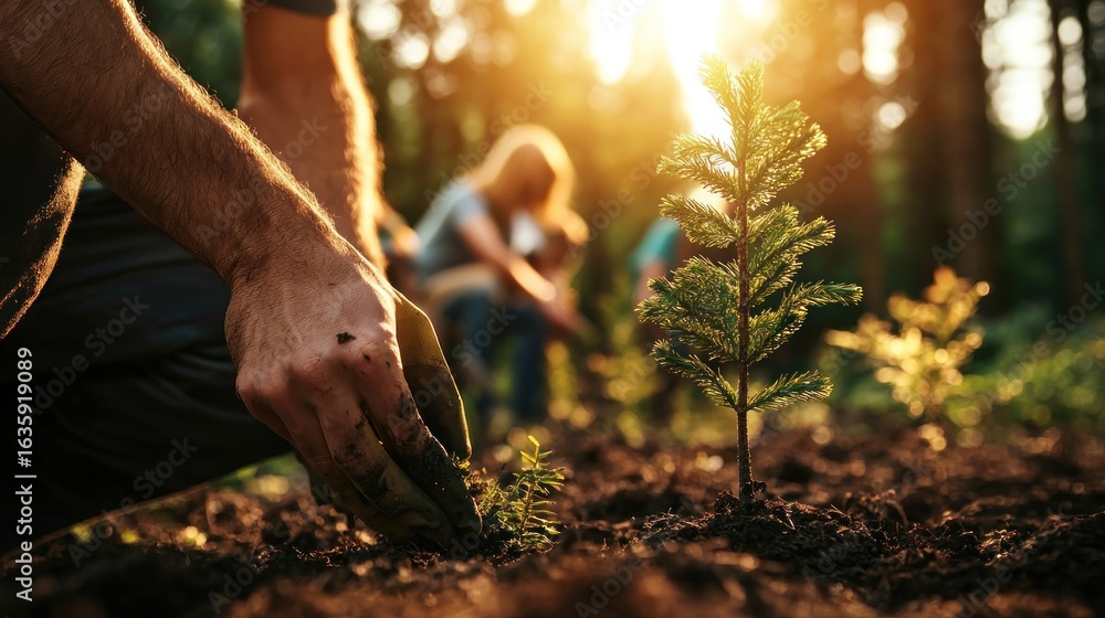 Fototapeta premium Man planting tree, family reforestation, sunset forest