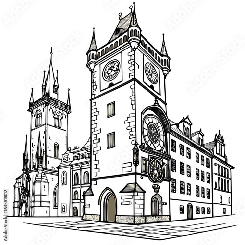 Hand-Drawn Prague Astronomical Clock Illustration, Detailed Czech Landmark Line Art with Transparent Background. Perfect for: Christmas Market, Prague tourism