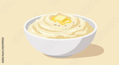 Mashed Potato White bowl full of mashed potatoes, topped with melted butter cube