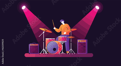 Musician playing a drum set with amplifiers under purple spotlights on a dark stage